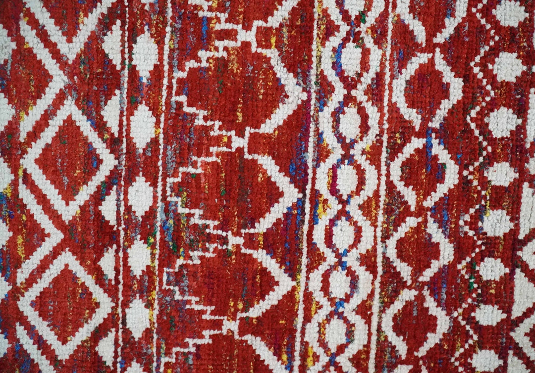 8x10 Hand Knotted Red and White Modern Contemporary Southwestern Tribal Trellis Recycled Silk Area Rug | OP27 - The Rug Decor