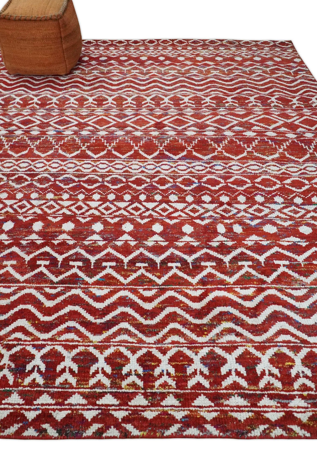 8x10 Hand Knotted Red and White Modern Contemporary Southwestern Tribal Trellis Recycled Silk Area Rug | OP27 - The Rug Decor