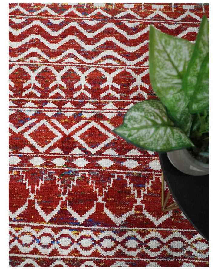 8x10 Hand Knotted Red and White Modern Contemporary Southwestern Tribal Trellis Recycled Silk Area Rug | OP27 - The Rug Decor