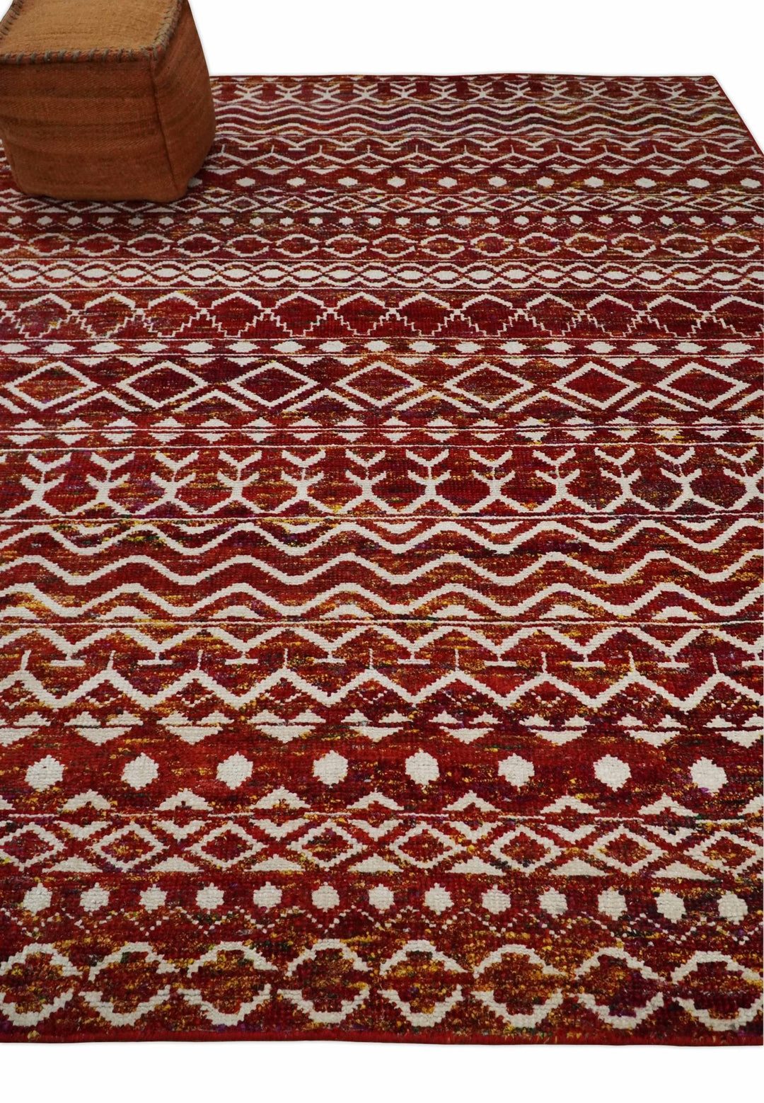 8x10 Hand Knotted Red and White Modern Contemporary Southwestern Tribal Trellis Recycled Silk Area Rug | TRDOP2 - The Rug Decor