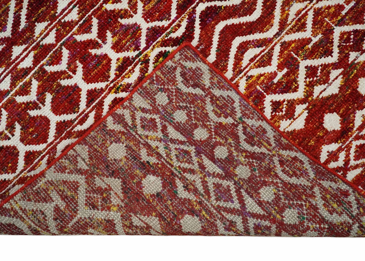 8x10 Hand Knotted Red and White Modern Contemporary Southwestern Tribal Trellis Recycled Silk Area Rug | TRDOP2 - The Rug Decor
