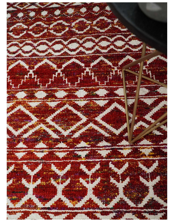 8x10 Hand Knotted Red and White Modern Contemporary Southwestern Tribal Trellis Recycled Silk Area Rug | TRDOP2 - The Rug Decor