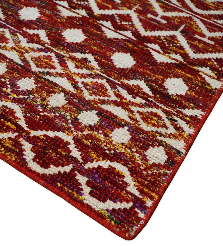 8x10 Hand Knotted Red, Gold and White Modern Contemporary Southwestern Tribal Trellis Recycled Silk Area Rug | OP2 - The Rug Decor