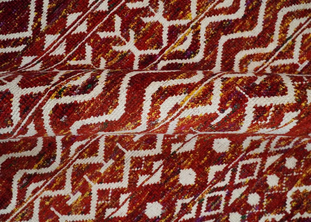 8x10 Hand Knotted Red, Gold and White Modern Contemporary Southwestern Tribal Trellis Recycled Silk Area Rug | OP2 - The Rug Decor