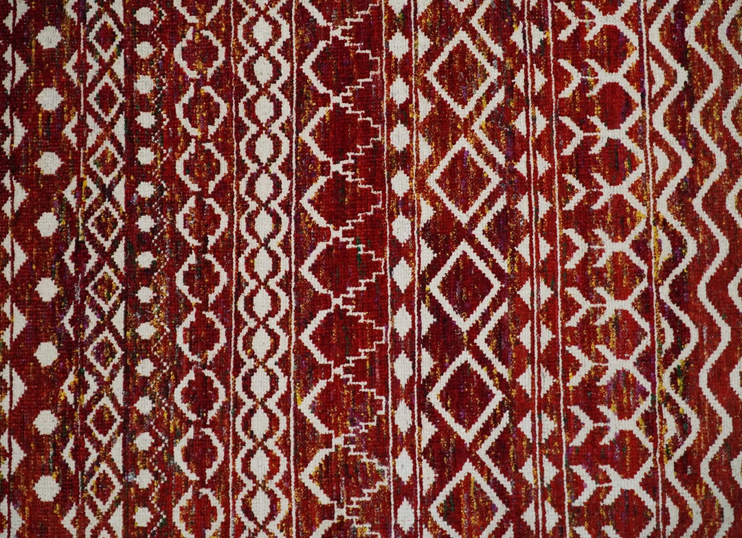 8x10 Hand Knotted Red, Gold and White Modern Contemporary Southwestern Tribal Trellis Recycled Silk Area Rug | OP2 - The Rug Decor