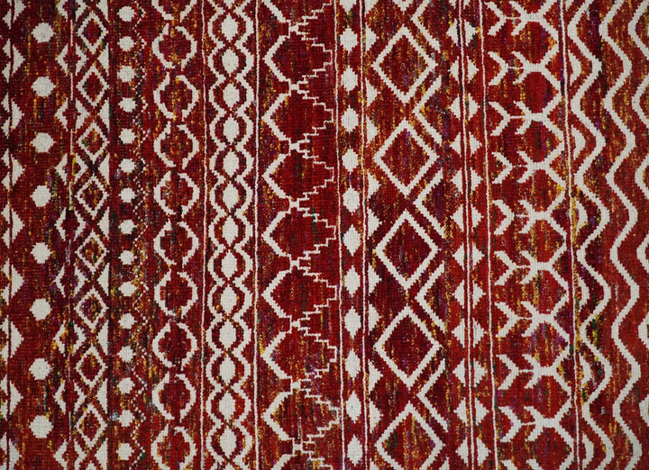 8x10 Hand Knotted Red, Gold and White Modern Contemporary Southwestern Tribal Trellis Recycled Silk Area Rug | OP2 - The Rug Decor
