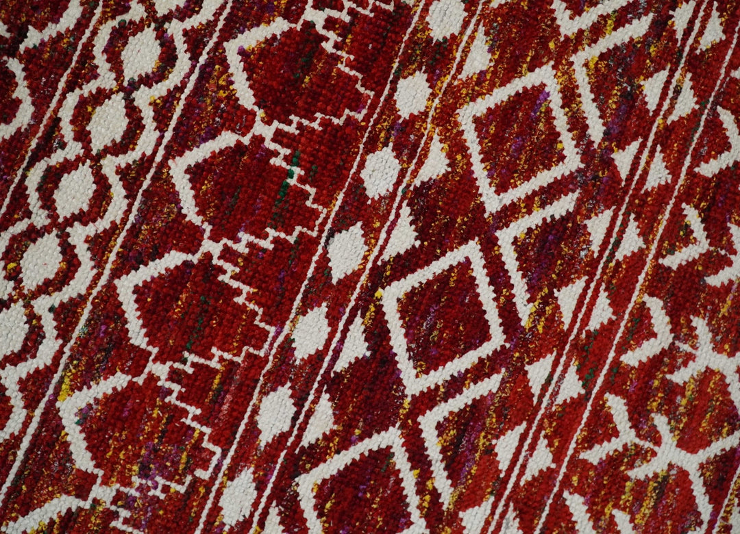 8x10 Hand Knotted Red, Gold and White Modern Contemporary Southwestern Tribal Trellis Recycled Silk Area Rug | OP2 - The Rug Decor