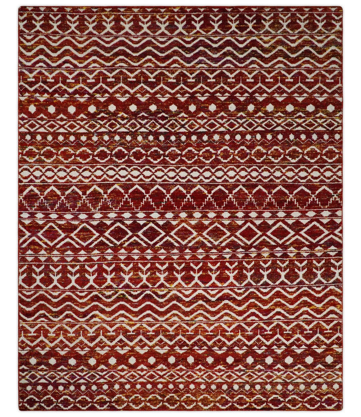 8x10 Hand Knotted Red, Gold and White Modern Contemporary Southwestern Tribal Trellis Recycled Silk Area Rug | OP2 - The Rug Decor