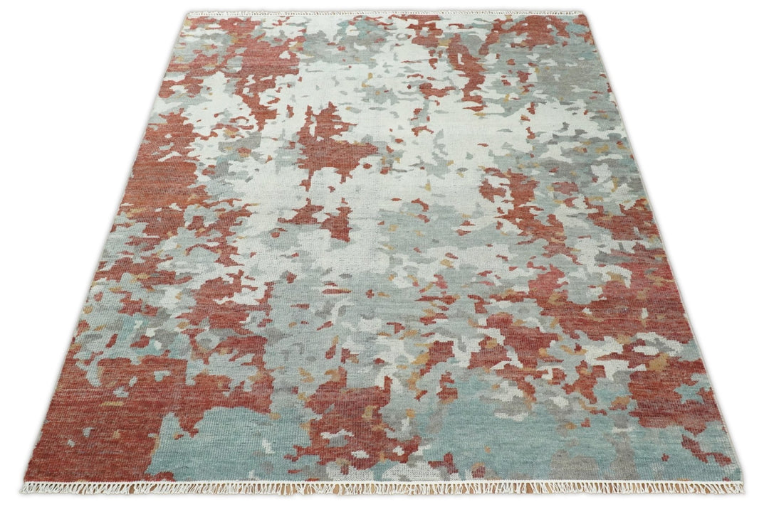 8x10 Hand Knotted Rust and Gray Modern Abstract Low Pile Contemporary Wool Rug | TRD2651 - The Rug Decor