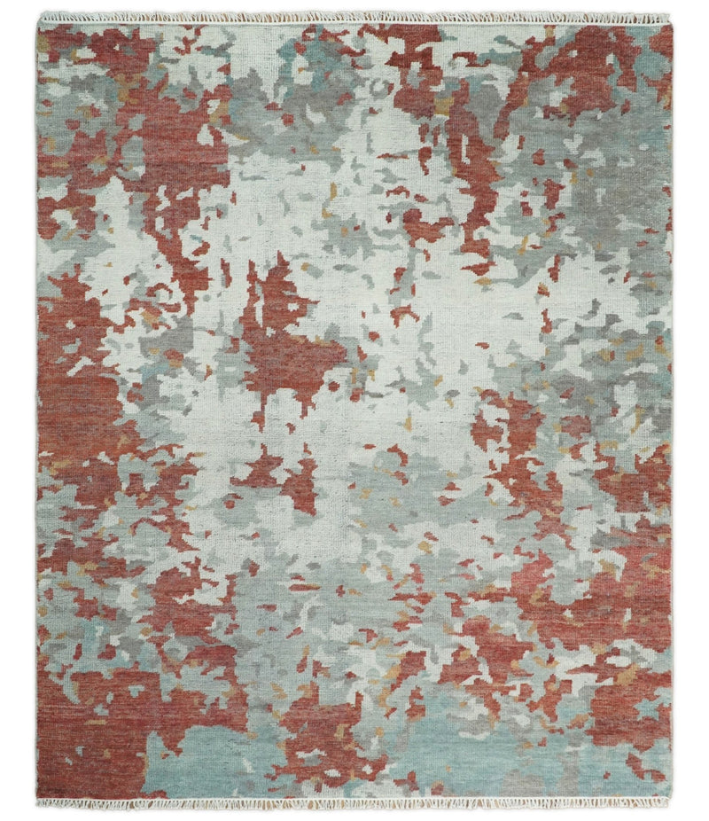 8x10 Hand Knotted Rust and Gray Modern Abstract Low Pile Contemporary Wool Rug | TRD2651 - The Rug Decor