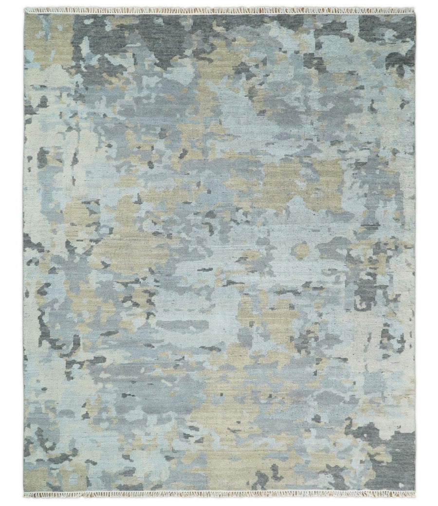 8x10 Hand Knotted Silver and Beige Modern Abstract Low Pile Contemporary Wool Rug | TRD2652 - The Rug Decor
