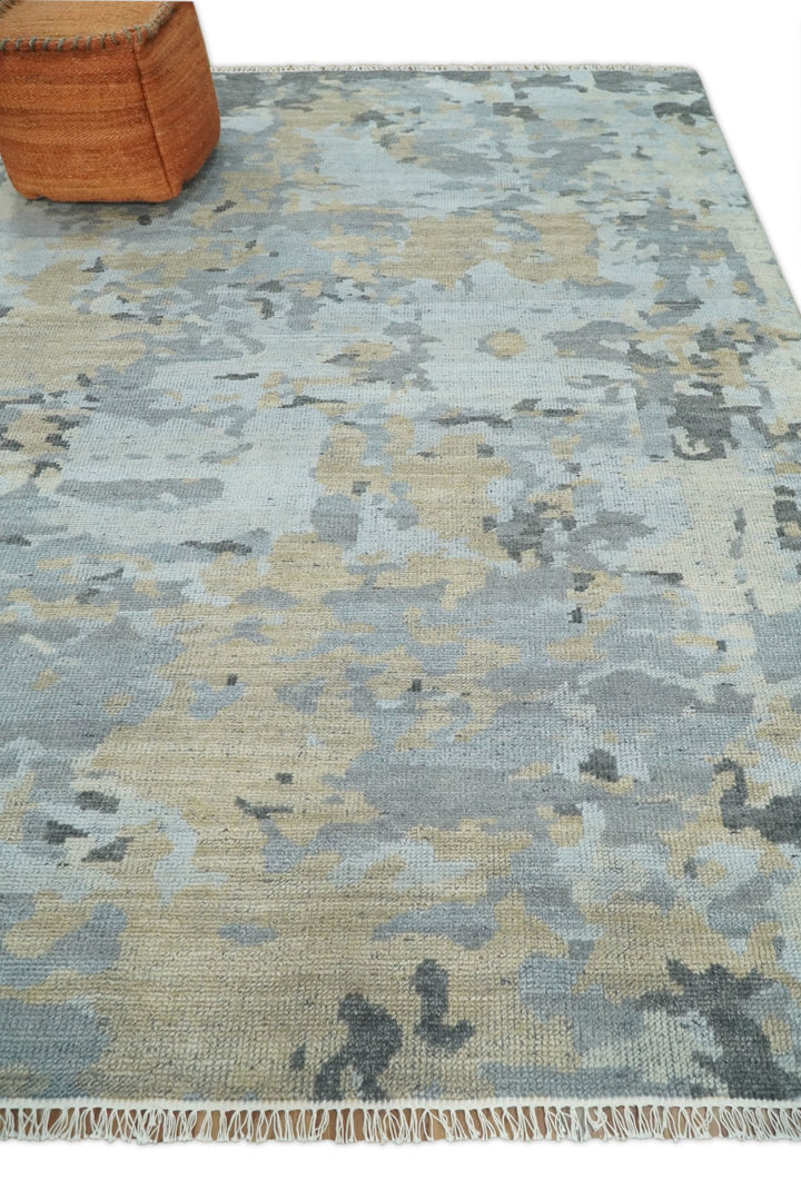 8x10 Hand Knotted Silver and Beige Modern Abstract Low Pile Contemporary Wool Rug | TRD2652 - The Rug Decor
