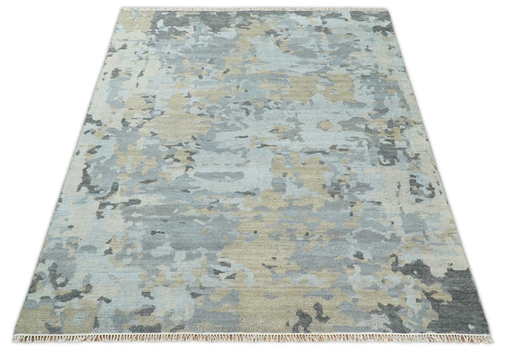 8x10 Hand Knotted Silver and Beige Modern Abstract Low Pile Contemporary Wool Rug | TRD2652 - The Rug Decor