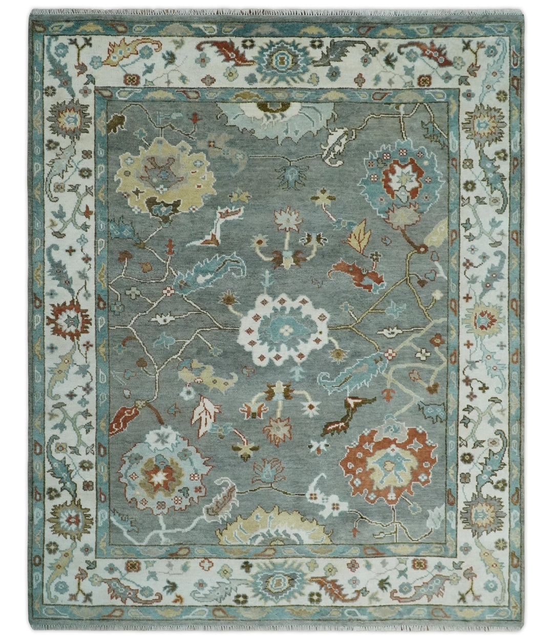 8x10 Hand Knotted Silver and Ivory Oriental Oushak Wool Rug - The Rug Decor