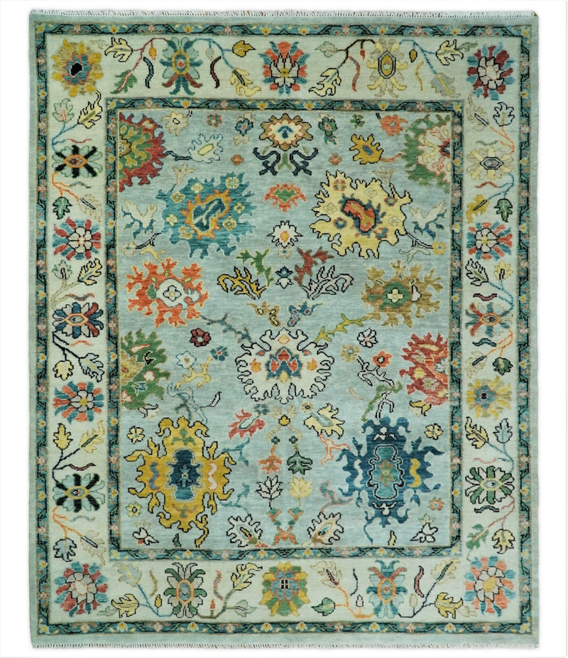 8x10 Hand Knotted Traditional Persian Blue and Beige Vibrant Turkish Oushak Area Rug | TRDCP423810 - The Rug Decor