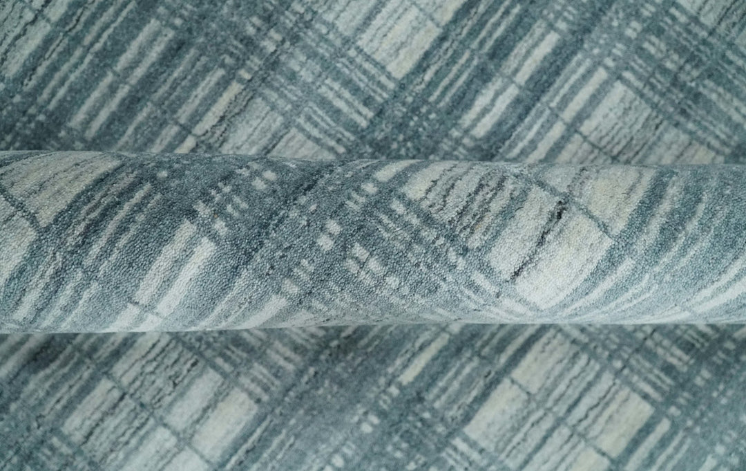 8x10 Hand Made Checkered Ivory and Blue Scandinavian Blended Wool Flatwoven Area Rug | KE21 - The Rug Decor