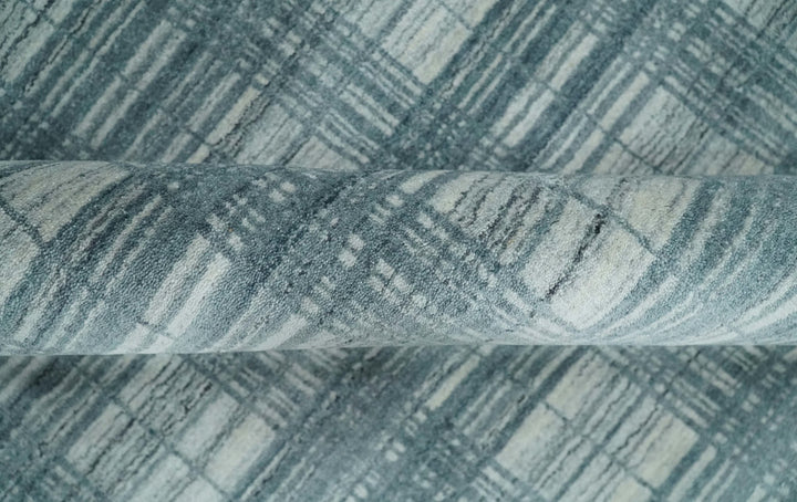 8x10 Hand Made Checkered Ivory and Blue Scandinavian Blended Wool Flatwoven Area Rug | KE21 - The Rug Decor