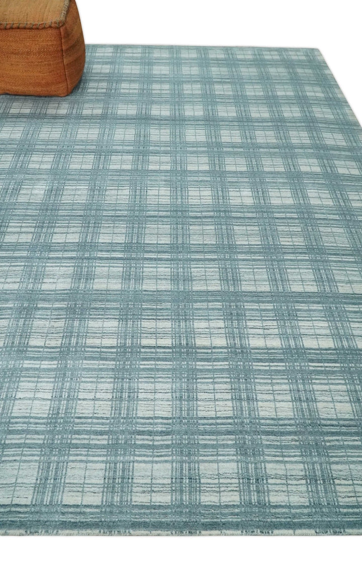 8x10 Hand Made Checkered Ivory and Blue Scandinavian Blended Wool Flatwoven Area Rug | KE21 - The Rug Decor