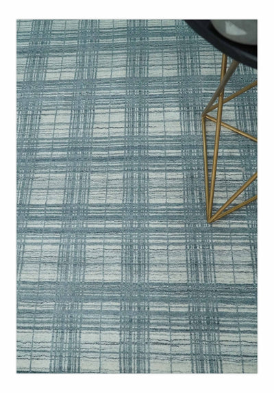 8x10 Hand Made Checkered Ivory and Blue Scandinavian Blended Wool Flatwoven Area Rug | KE21 - The Rug Decor