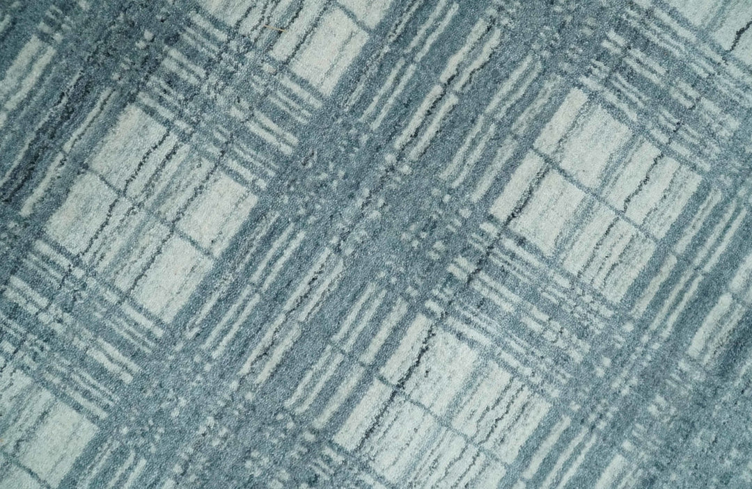 8x10 Hand Made Checkered Ivory and Blue Scandinavian Blended Wool Flatwoven Area Rug | KE21 - The Rug Decor