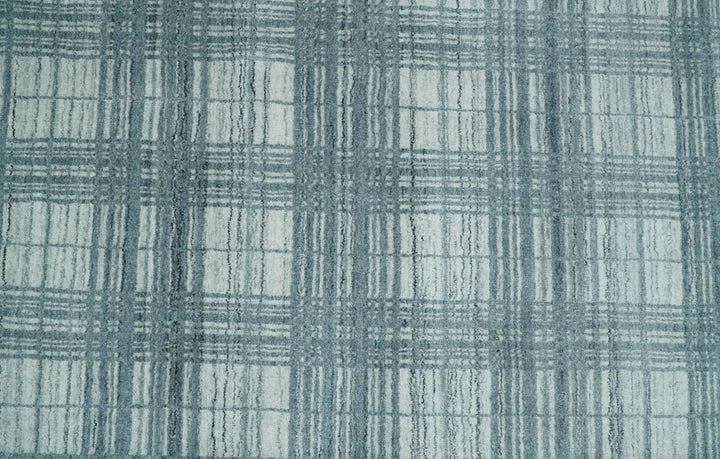 8x10 Hand Made Checkered Ivory and Blue Scandinavian Blended Wool Flatwoven Area Rug | KE21 - The Rug Decor