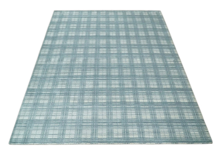 8x10 Hand Made Checkered Ivory and Blue Scandinavian Blended Wool Flatwoven Area Rug | KE21 - The Rug Decor