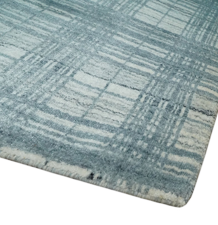 8x10 Hand Made Checkered Ivory and Blue Scandinavian Blended Wool Flatwoven Area Rug | KE21 - The Rug Decor