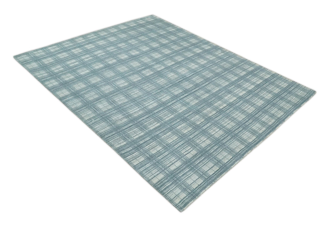 8x10 Hand Made Checkered Ivory and Blue Scandinavian Blended Wool Flatwoven Area Rug | KE21 - The Rug Decor