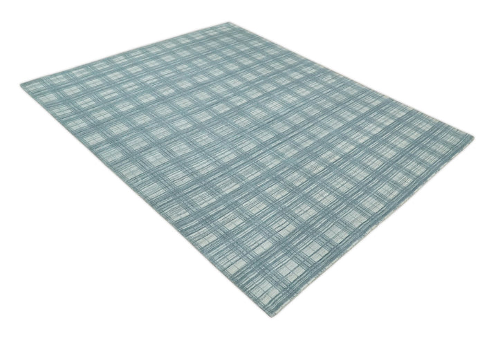 8x10 Hand Made Checkered Ivory and Blue Scandinavian Blended Wool Flatwoven Area Rug | KE21 - The Rug Decor