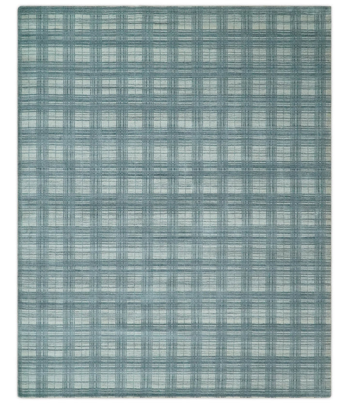 8x10 Hand Made Checkered Ivory and Blue Scandinavian Blended Wool Flatwoven Area Rug | KE21 - The Rug Decor