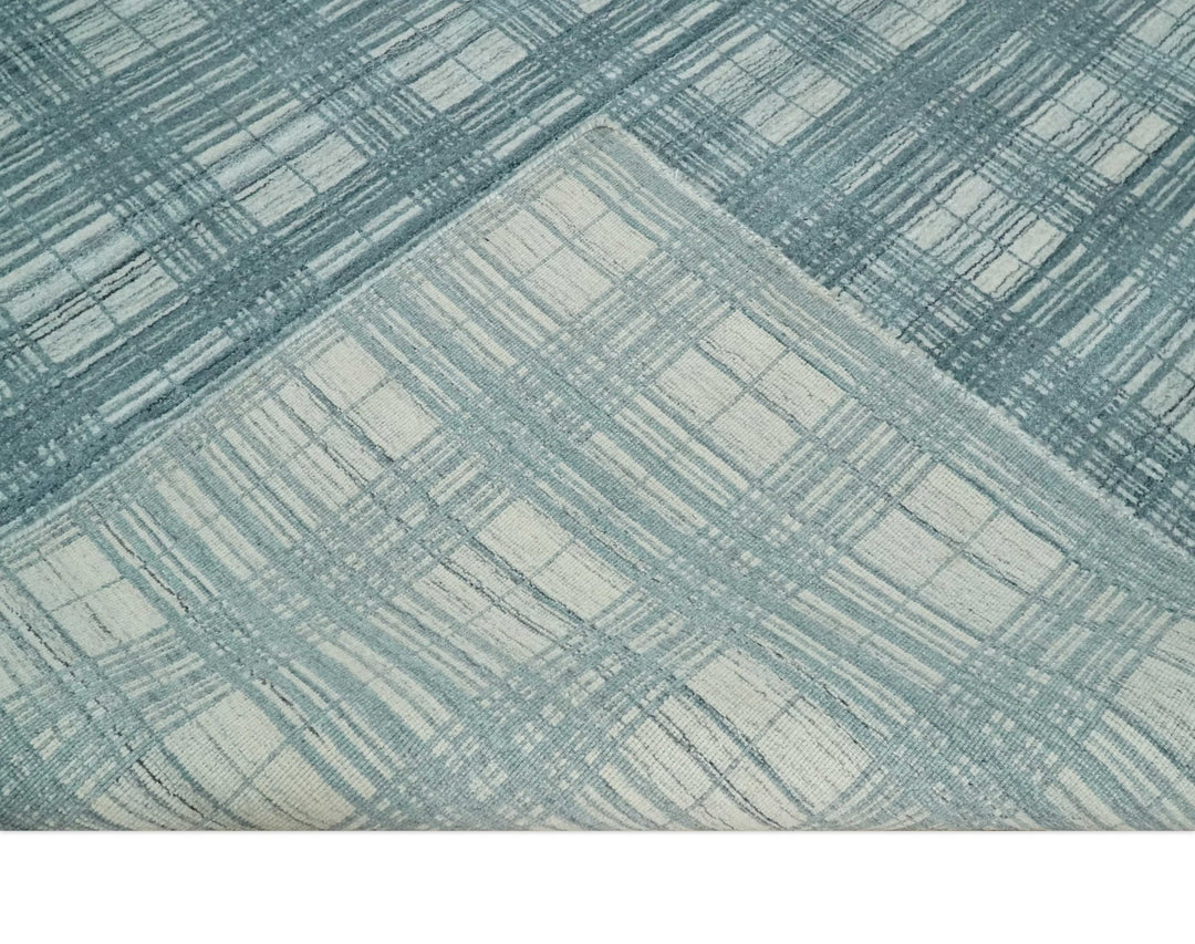 8x10 Hand Made Checkered Ivory and Blue Scandinavian Blended Wool Flatwoven Area Rug | KE21 - The Rug Decor