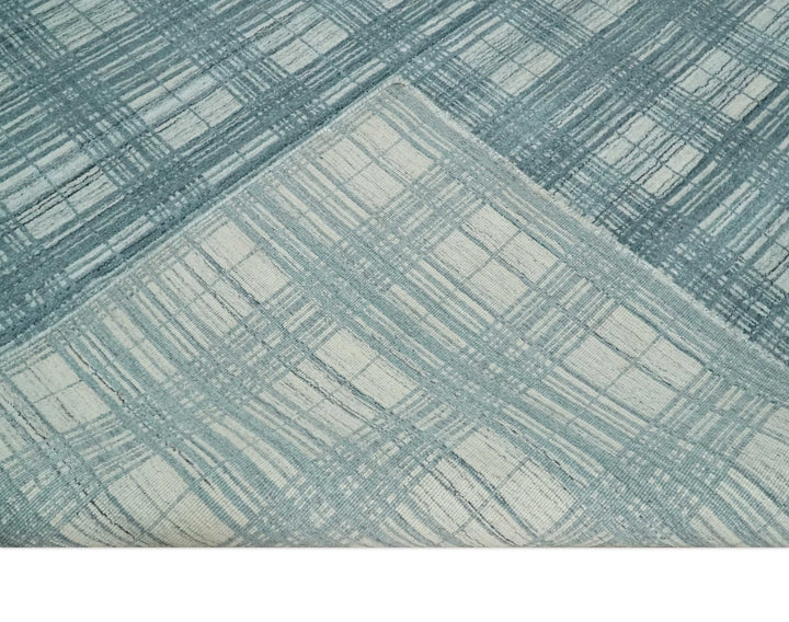 8x10 Hand Made Checkered Ivory and Blue Scandinavian Blended Wool Flatwoven Area Rug | KE21 - The Rug Decor
