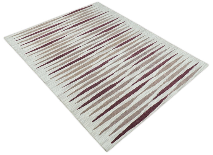 8x10 Ivory and Pink Hand Tufted Modern Scandinavian Stripe Wool Area Rug | YUK2 - The Rug Decor