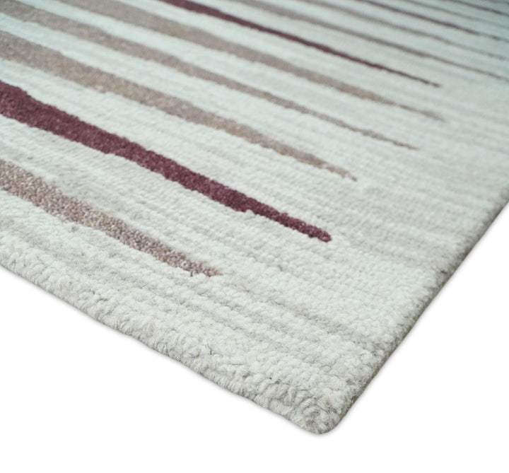 8x10 Ivory and Pink Hand Tufted Modern Scandinavian Stripe Wool Area Rug | YUK2 - The Rug Decor