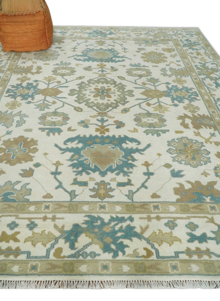8x10 Ivory, Beige and Teal Hand Knotted Traditional Oushak Wool Area Rug | TRDCP1165810 - The Rug Decor
