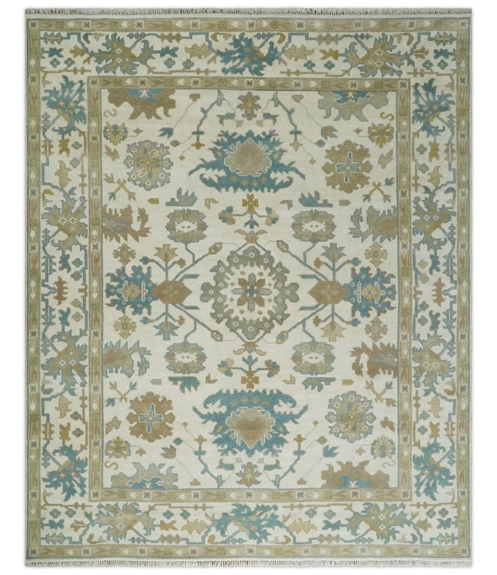 8x10 Ivory, Beige and Teal Hand Knotted Traditional Oushak Wool Area Rug | TRDCP1165810 - The Rug Decor