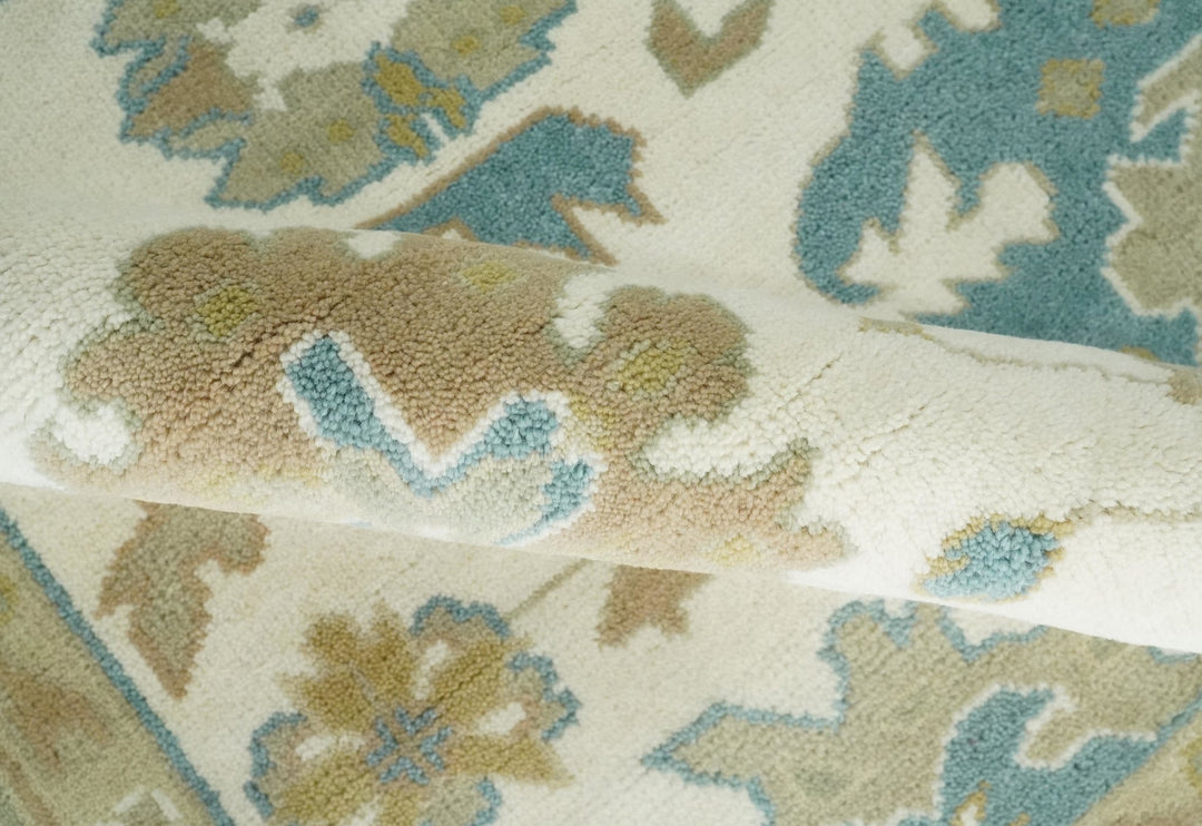 8x10 Ivory, Beige and Teal Hand Knotted Traditional Oushak Wool Area Rug | TRDCP1165810 - The Rug Decor