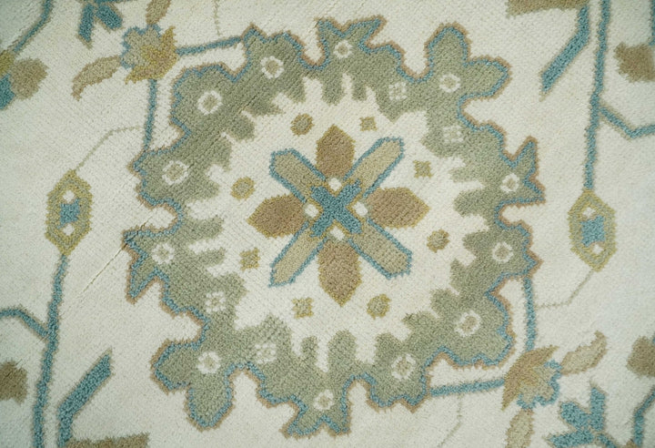 8x10 Ivory, Beige and Teal Hand Knotted Traditional Oushak Wool Area Rug | TRDCP1165810 - The Rug Decor