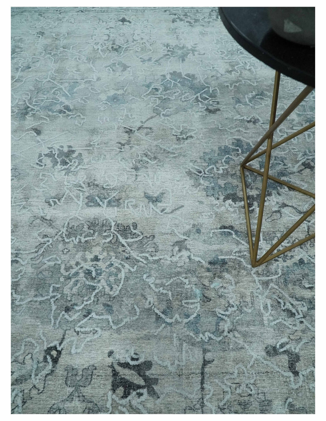 8x10 Ivory, Gray and Silver Modern Erased Traditional Handmade Art Silk Area Rug | AE25810 - The Rug Decor