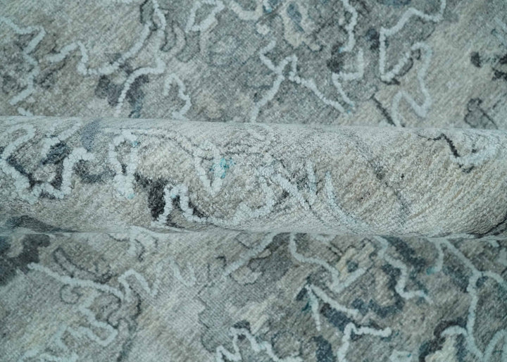 8x10 Ivory, Gray and Silver Modern Erased Traditional Handmade Art Silk Area Rug | AE25810 - The Rug Decor