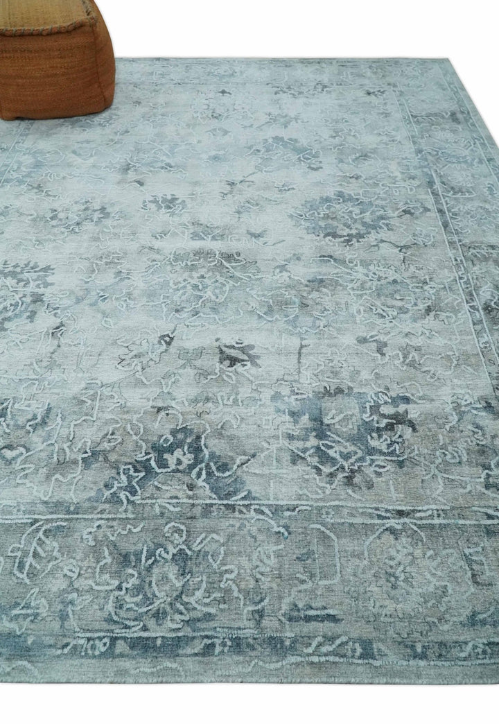 8x10 Ivory, Gray and Silver Modern Erased Traditional Handmade Art Silk Area Rug | AE25810 - The Rug Decor