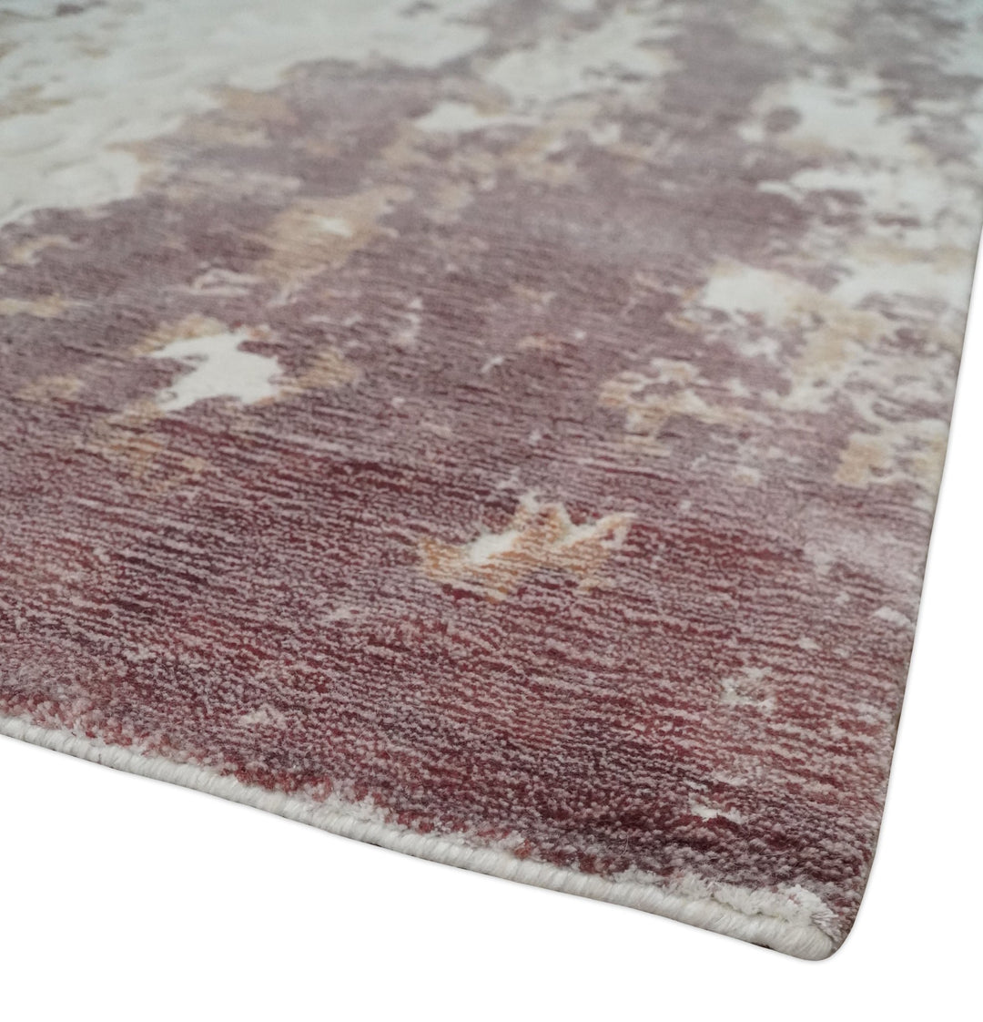 8x10 Ivory, Peach and Maroon Hand Carved Modern Abstract Hand Loomed Blended wool and Art silk Area Rug - The Rug Decor