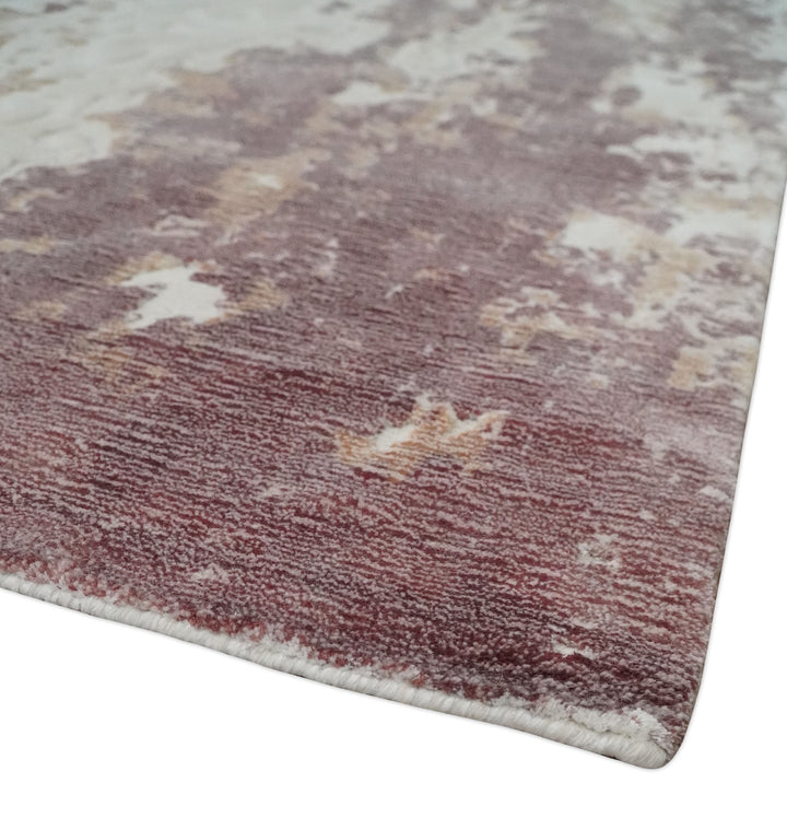 8x10 Ivory, Peach and Maroon Hand Carved Modern Abstract Hand Loomed Blended wool and Art silk Area Rug - The Rug Decor