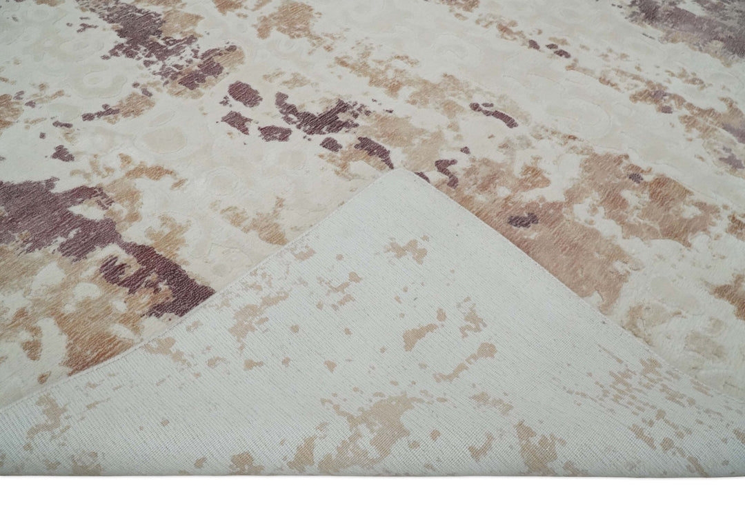 8x10 Ivory, Peach and Maroon Hand Carved Modern Abstract Hand Loomed Blended wool and Art silk Area Rug - The Rug Decor