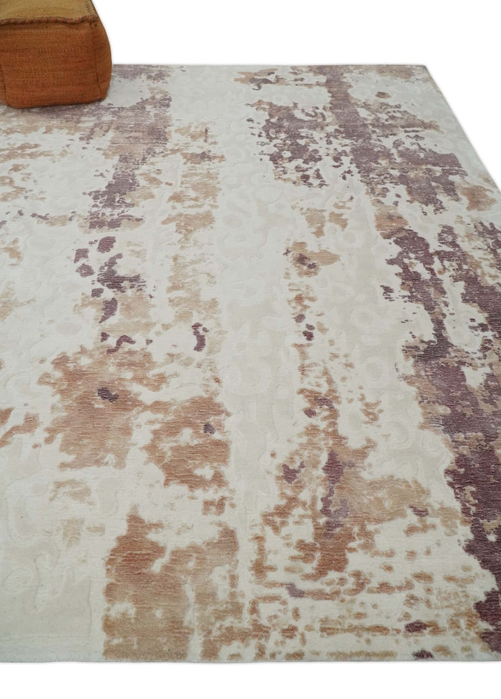 8x10 Ivory, Peach and Maroon Hand Carved Modern Abstract Hand Loomed Blended wool and Art silk Area Rug - The Rug Decor