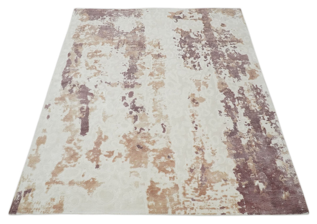 8x10 Ivory, Peach and Maroon Hand Carved Modern Abstract Hand Loomed Blended wool and Art silk Area Rug - The Rug Decor