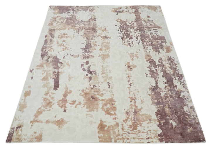 8x10 Ivory, Peach and Maroon Hand Carved Modern Abstract Hand Loomed Blended wool and Art silk Area Rug - The Rug Decor