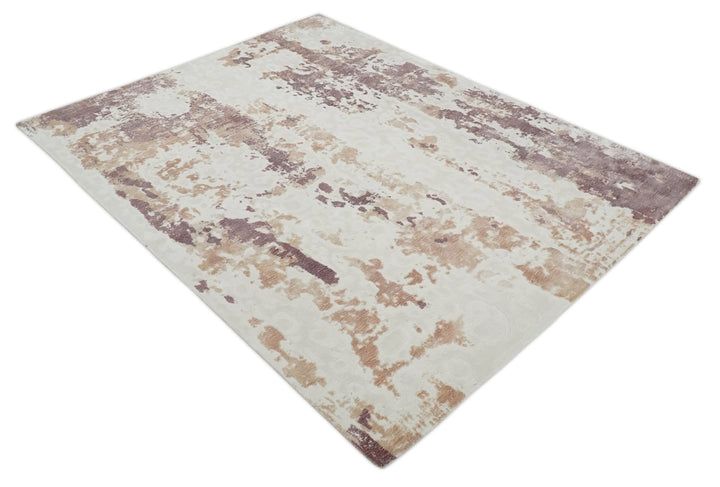 8x10 Ivory, Peach and Maroon Hand Carved Modern Abstract Hand Loomed Blended wool and Art silk Area Rug - The Rug Decor