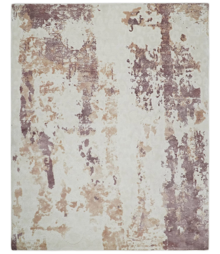 8x10 Ivory, Peach and Maroon Hand Carved Modern Abstract Hand Loomed Blended wool and Art silk Area Rug - The Rug Decor