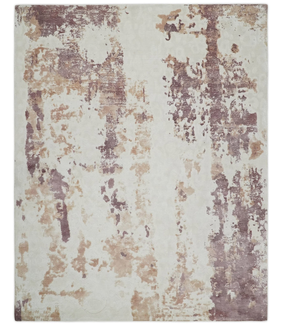 8x10 Ivory, Peach and Maroon Hand Carved Modern Abstract Hand Loomed Blended wool and Art silk Area Rug - The Rug Decor
